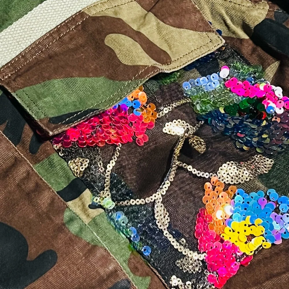 VEVERET camo sequin sheer back contrast crop jacket S M L - Picture 6 of 6